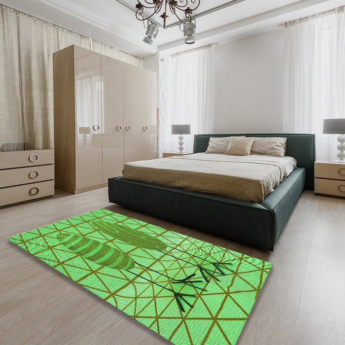 Patterned Dark Lime Green Rug in a Bedroom, pat1088grn