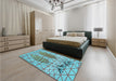 Patterned Bright Turquoise Blue Rug in a Bedroom, pat1088lblu