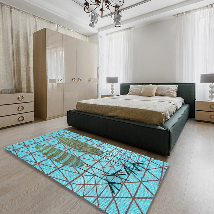 Patterned Bright Turquoise Blue Rug in a Bedroom, pat1088lblu