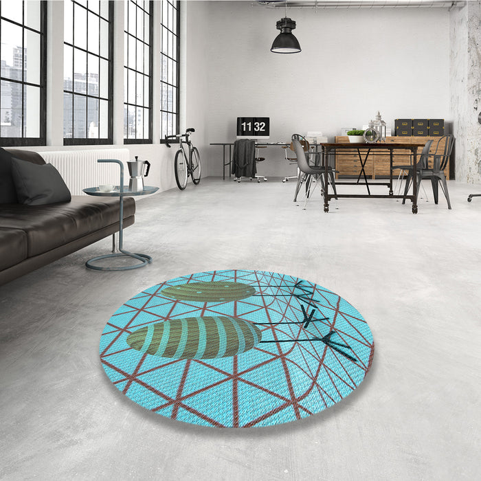 Round Patterned Bright Turquoise Blue Rug in a Office, pat1088lblu