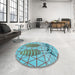 Round Patterned Bright Turquoise Blue Rug in a Office, pat1088lblu