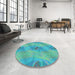 Round Patterned Bright Turquoise Blue Rug in a Office, pat1091lblu