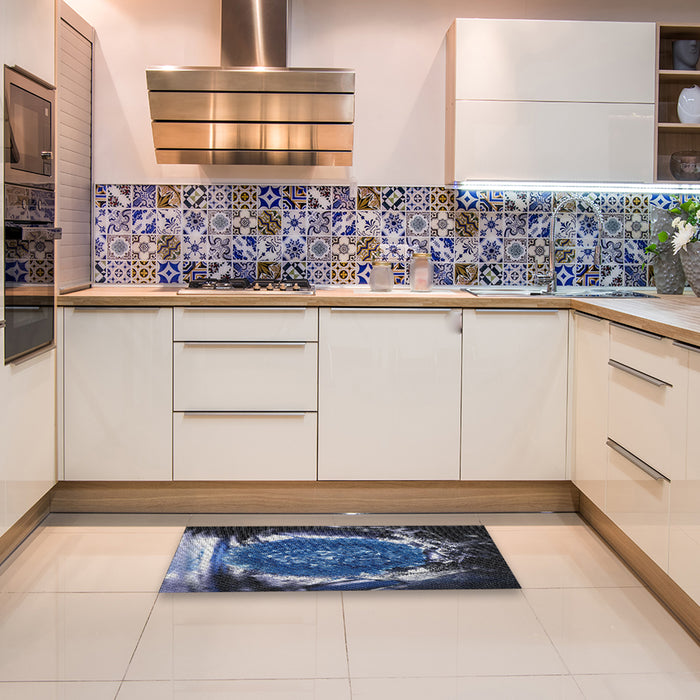 Patterned Blue Modern Rug in a Kitchen, pat109