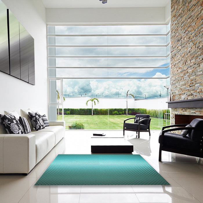 Square Patterned Dark Cyan Green Rug in a Living Room, pat11lblu