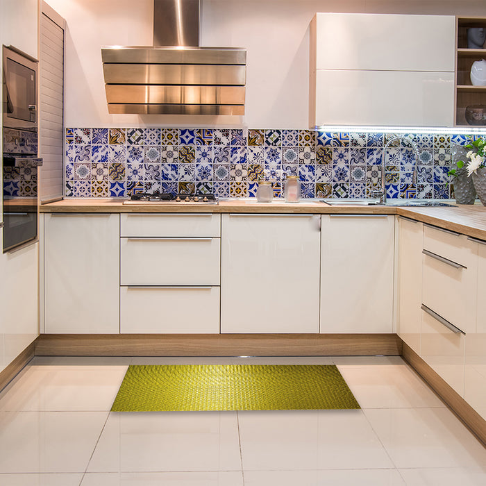 Patterned Dark Yellow Green Rug in a Kitchen, pat11yw