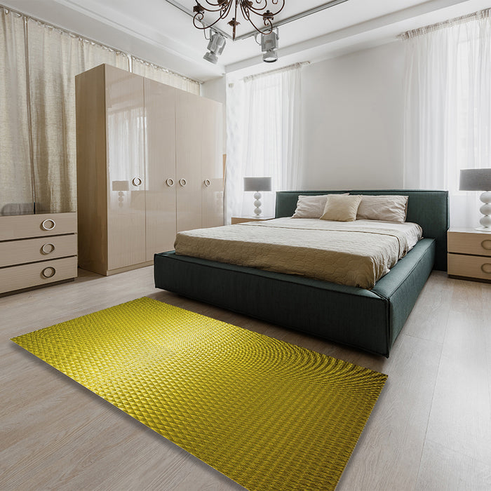 Patterned Dark Yellow Green Rug in a Bedroom, pat11yw