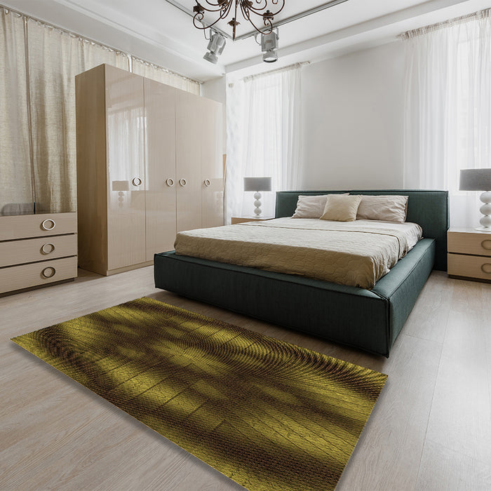 Patterned Dark Yellow Green Rug in a Bedroom, pat110org