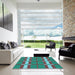 Square Patterned Dark Turquoise Green Rug in a Living Room, pat1105lblu