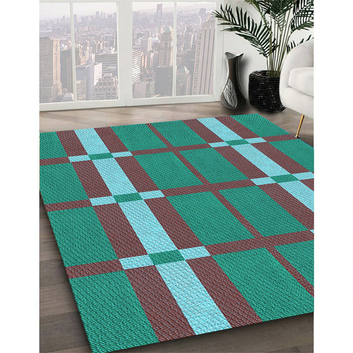 Patterned Dark Turquoise Green Rug in Family Room, pat1105lblu