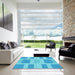 Square Patterned Bright Turquoise Blue Rug in a Living Room, pat1106lblu