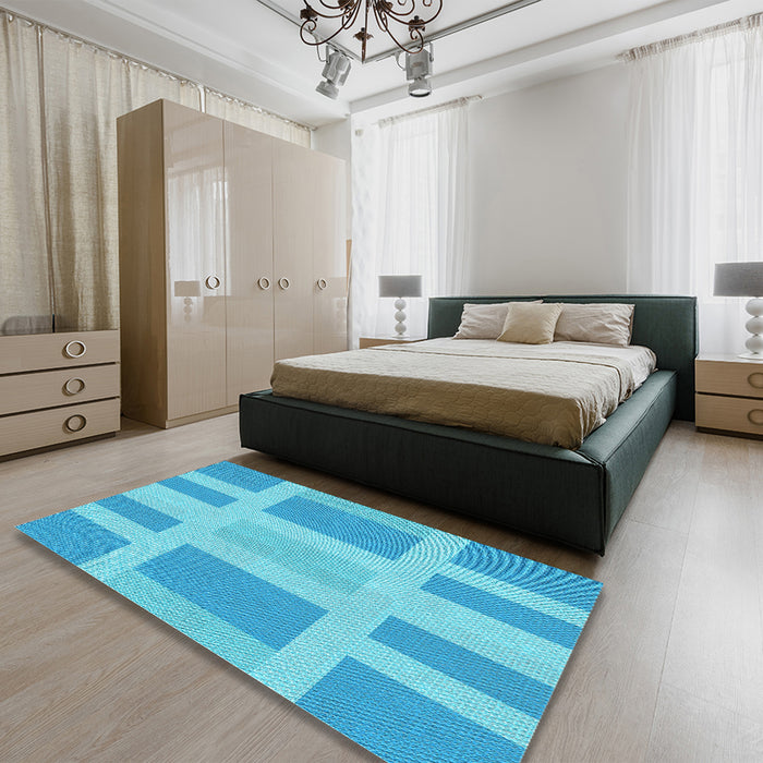 Patterned Bright Turquoise Blue Rug in a Bedroom, pat1106lblu