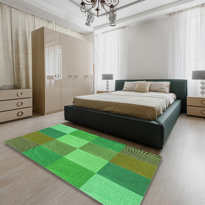 Patterned Dark Lime Green Rug in a Bedroom, pat1108grn