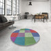 Round Machine Washable Transitional Blue Green Rug in a Office, wshpat1108