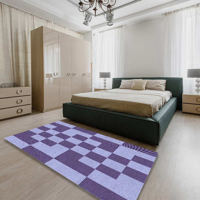 Patterned Purple Mimosa Purple Rug in a Bedroom, pat1115blu