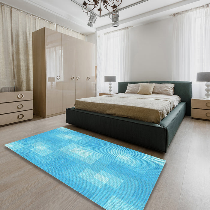 Patterned Bright Turquoise Blue Rug in a Bedroom, pat1122lblu