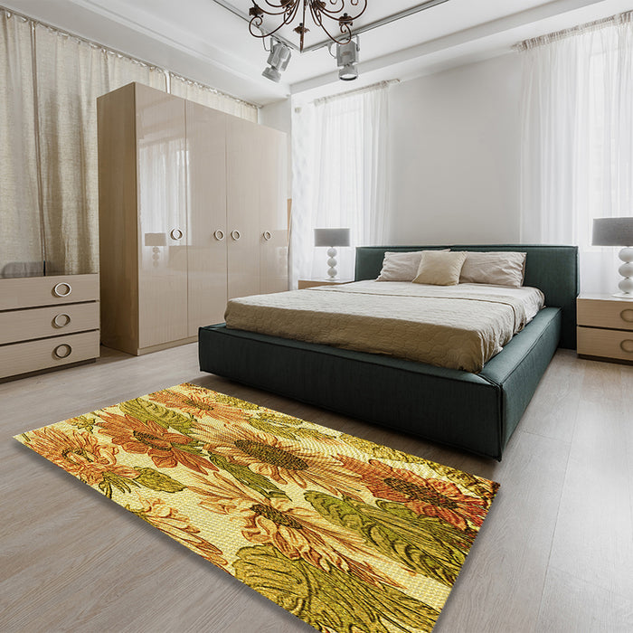 Round Machine Washable Transitional Bright Gold Yellow Rug in a Office, wshpat1124yw