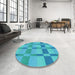 Round Patterned Dark Turquoise Green Rug in a Office, pat1129lblu