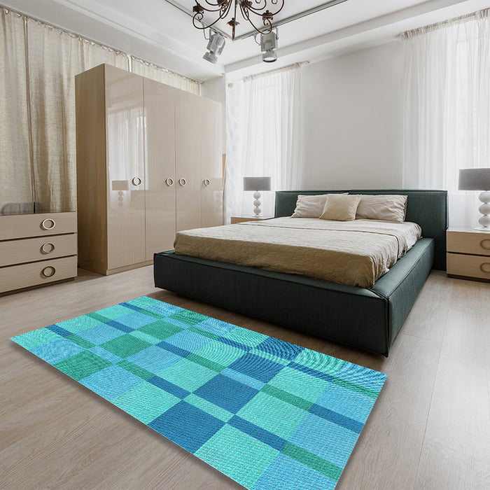 Patterned Dark Turquoise Green Rug in a Bedroom, pat1129lblu
