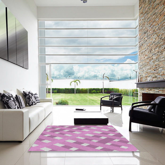 Square Patterned Magenta Pink Novelty Rug in a Living Room, pat1130