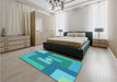 Patterned Bright Turquoise Blue Rug in a Bedroom, pat1131lblu