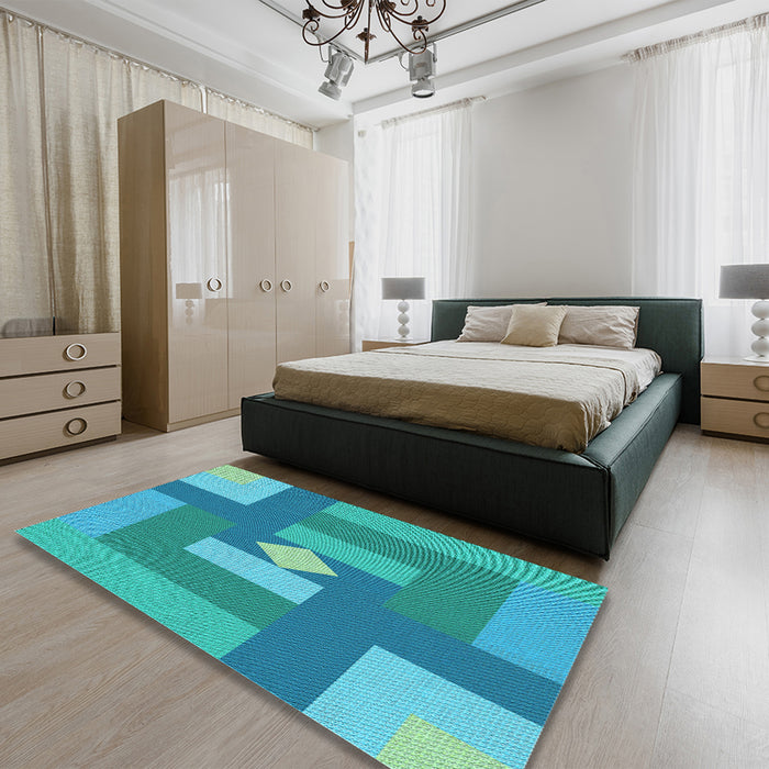 Patterned Bright Turquoise Blue Rug in a Bedroom, pat1131lblu