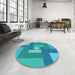 Round Patterned Bright Turquoise Blue Rug in a Office, pat1131lblu