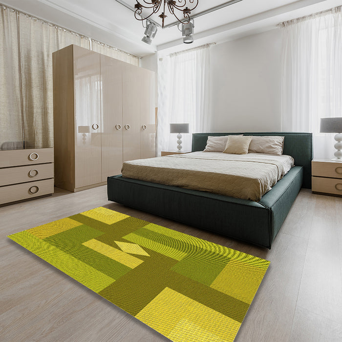 Round Machine Washable Transitional Dark Yellow Green Rug in a Office, wshpat1131yw