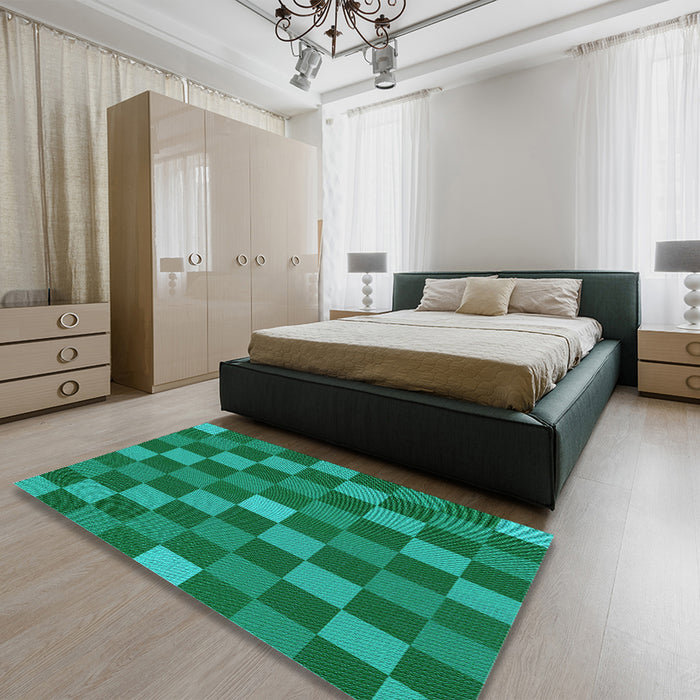 Patterned Forest Green Rug in a Bedroom, pat1133lblu