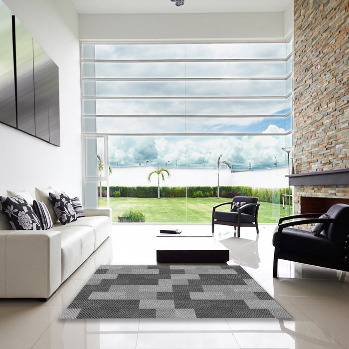 Square Patterned Dark Gray Rug in a Living Room, pat1134gry