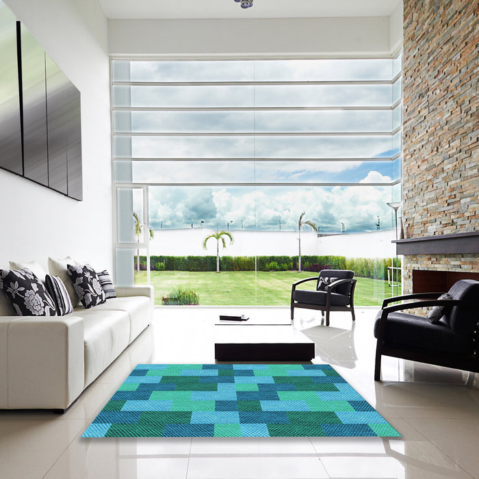 Square Patterned Dark Cyan Green Rug in a Living Room, pat1134lblu