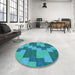 Round Patterned Dark Cyan Green Rug in a Office, pat1134lblu