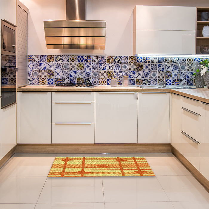 Patterned Bright Gold Yellow Rug in a Kitchen, pat1140yw