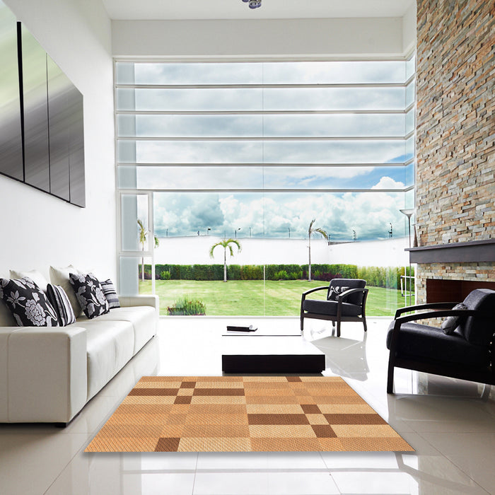 Square Patterned Yellow Orange Rug in a Living Room, pat1141org