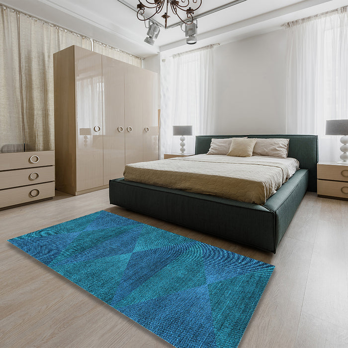 Patterned Deep Sky Blue Rug in a Bedroom, pat1142lblu