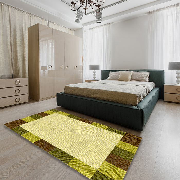Patterned Dark Yellow Green Rug in a Bedroom, pat1146yw