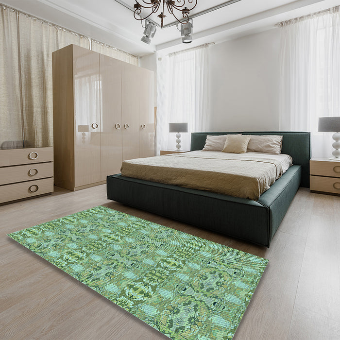 Patterned Green Rug in a Bedroom, pat1149lblu