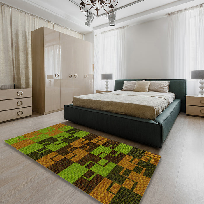 Patterned Dark Yellow Green Rug in a Bedroom, pat1153yw