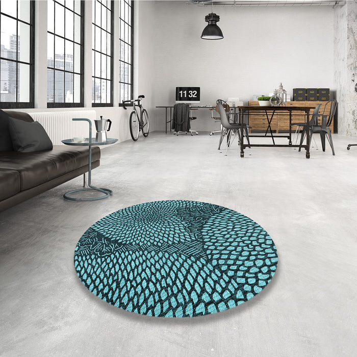 Round Patterned Deep Teal Green Rug in a Office, pat1154lblu