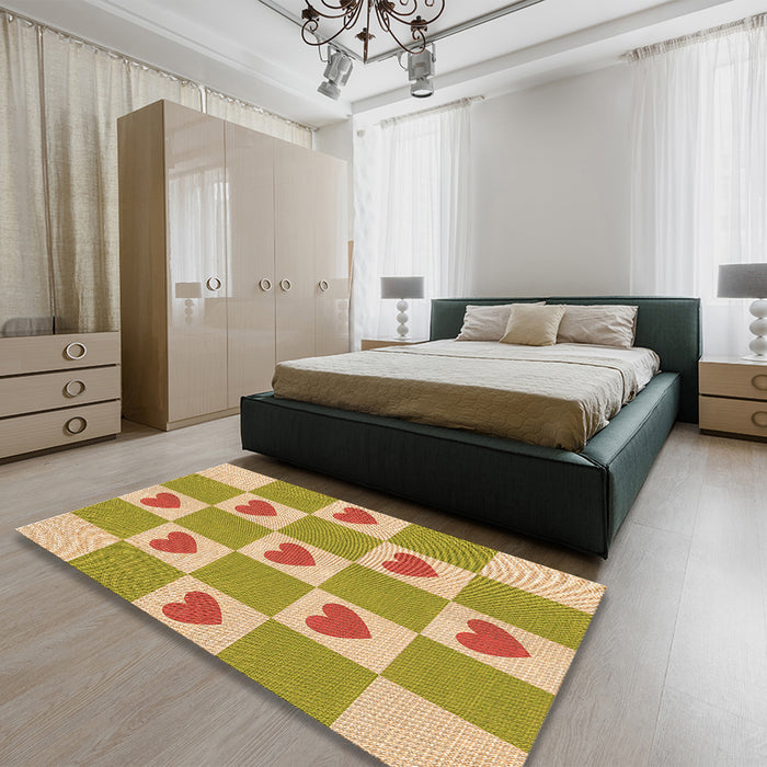 Patterned Chrome Gold Yellow Rug in a Bedroom, pat1159org