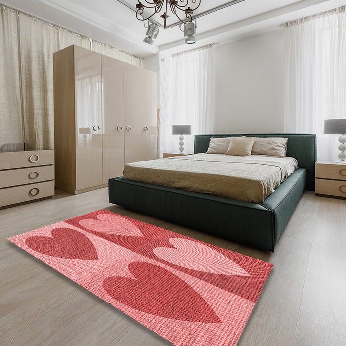 Patterned Ruby Red Rug in a Bedroom, pat1161rd