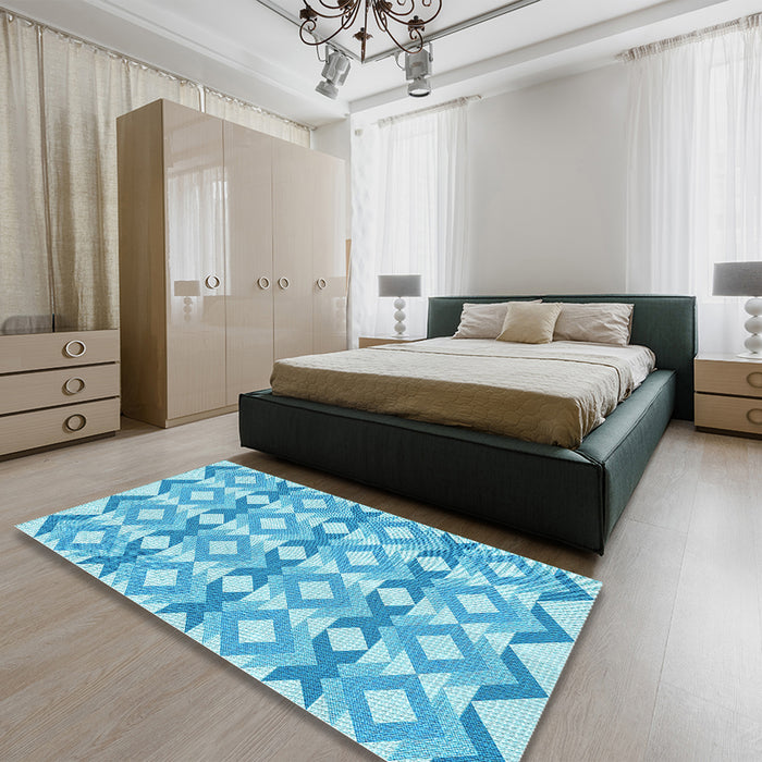 Patterned Deep Sky Blue Rug in a Bedroom, pat1176lblu