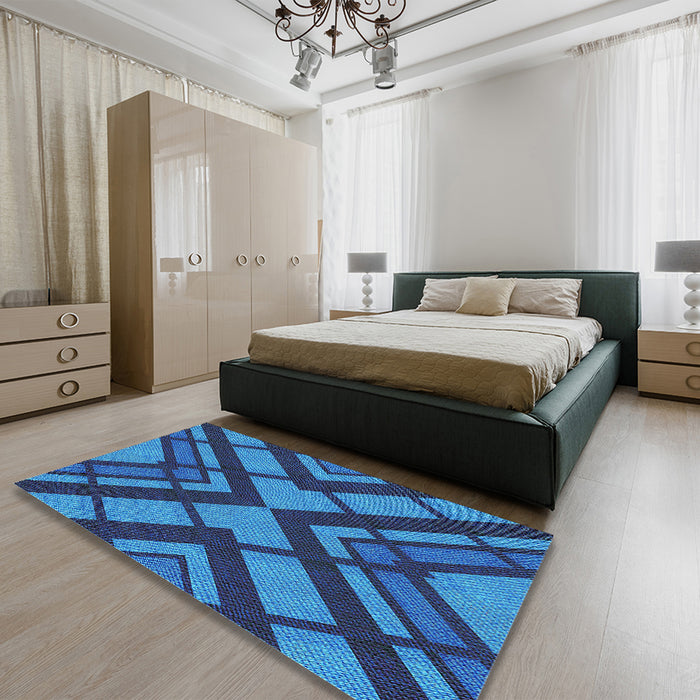 Patterned Deep Sky Blue Rug in a Bedroom, pat1181lblu