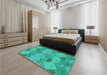 Patterned Dark Turquoise Green Rug in a Bedroom, pat1182lblu