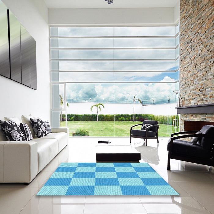 Square Patterned Deep Sky Blue Rug in a Living Room, pat1190lblu