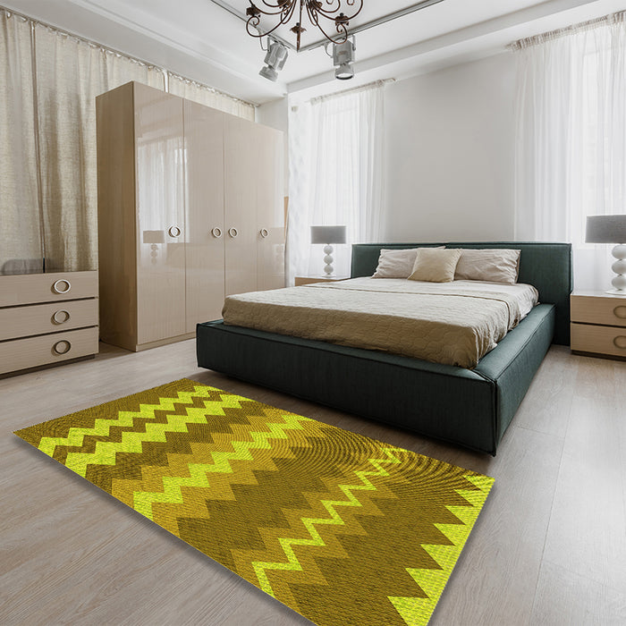 Patterned Golden Brown Yellow Rug in a Bedroom, pat1197yw