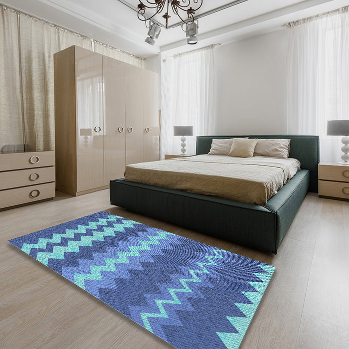 Machine Washable Transitional Sapphire Blue Rug in a Bedroom, wshpat1197