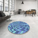 Round Machine Washable Transitional Sapphire Blue Rug in a Office, wshpat1198