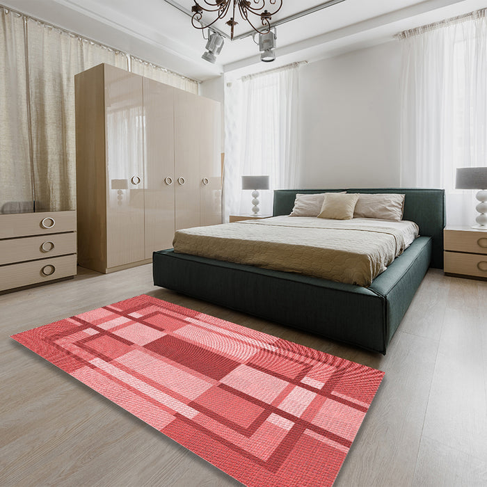 Patterned Ruby Red Rug in a Bedroom, pat1199rd