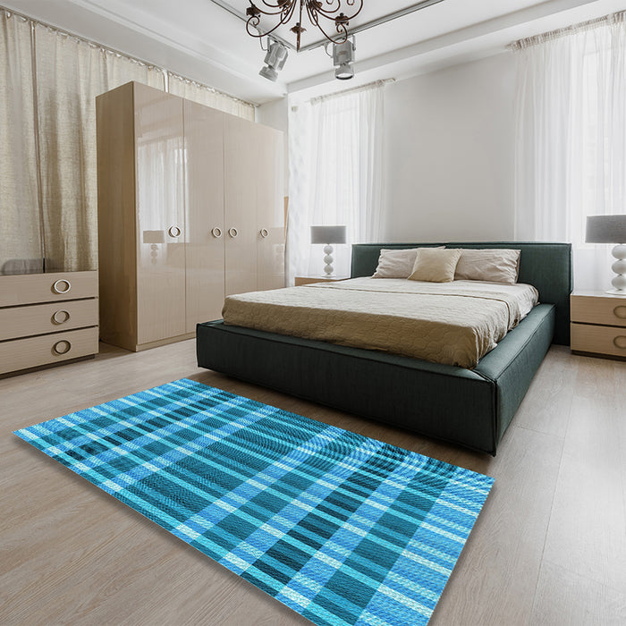 Patterned Bright Turquoise Blue Rug in a Bedroom, pat1201lblu