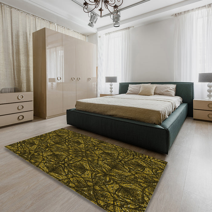 Patterned Dark Yellow Green Rug in a Bedroom, pat1218yw
